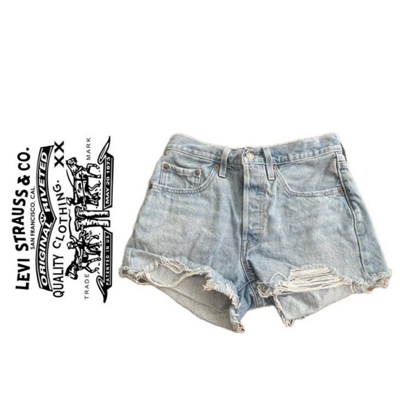 LEVI’S  501 JORTS DENIM DISTRESSED PREMIUM SZ 26 GRUNGE SHORTS RIPPED VERSATILE - Picture 1 of 16